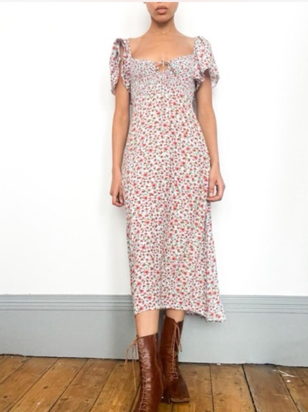 Zara Floral Long Dress, Light Blue with Floral Red Print